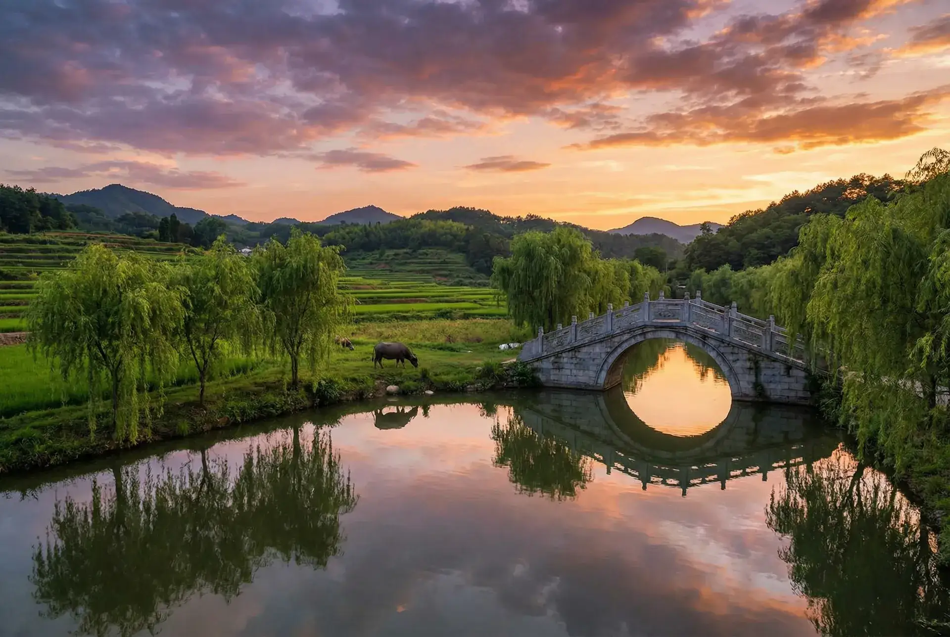 夕阳下的石拱桥与垂柳，水牛在河边吃草 - 17·c1起草视频 乡村美景